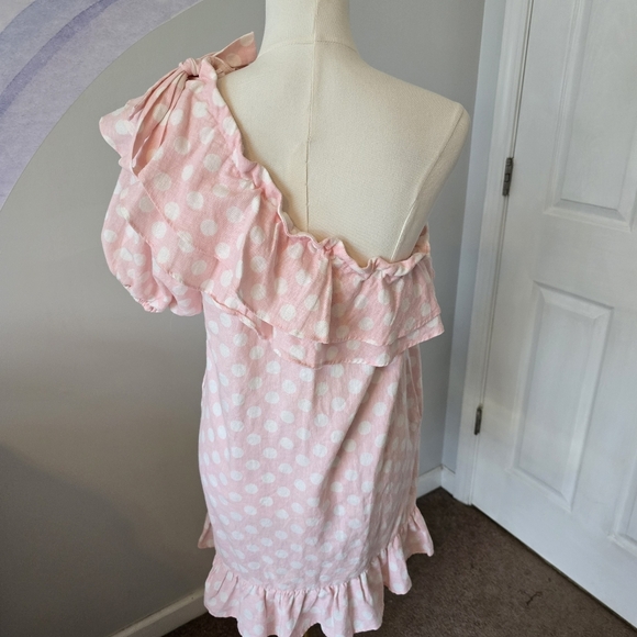 Lisa Marie Fernandez | Medium | Pink & White Polka Dot One Shoulder Ruffle Dress - Picture 6 of 13